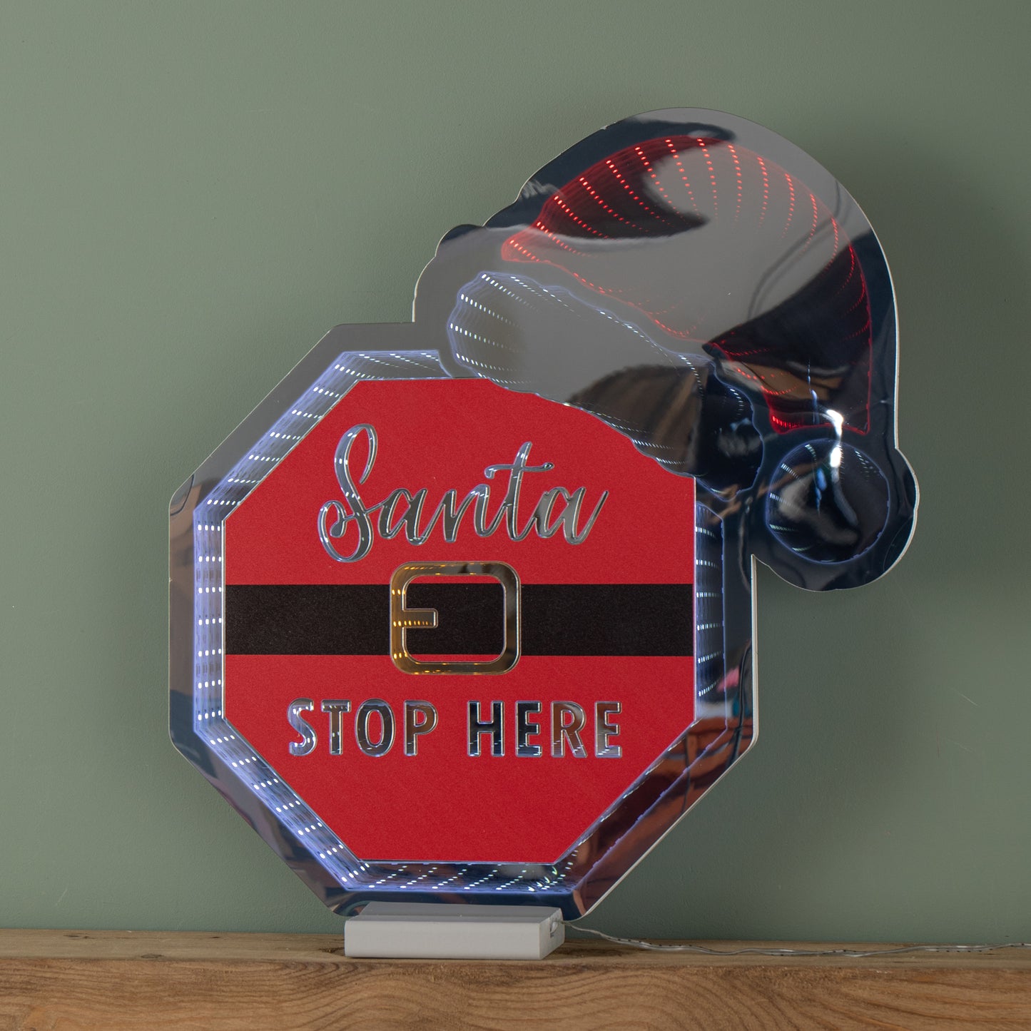 40cm Light up Christmas Santa Stop Here Sign with Hat Infinity Decoration & LEDs
