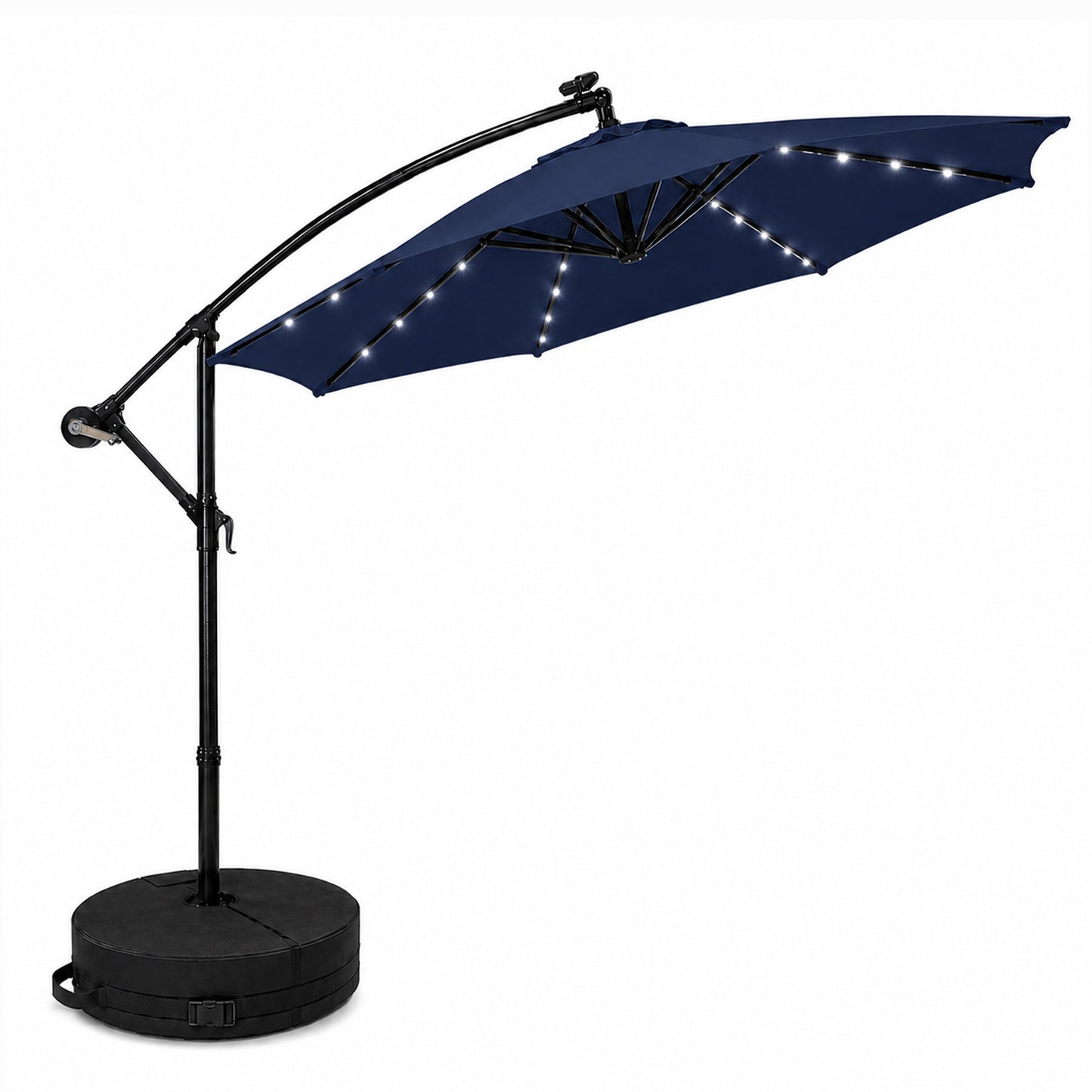 3m Solar Powered Cantilever Lit Banana Garden Parasol with Crank Handle & White LED Lights in Blue with Base Bag Included