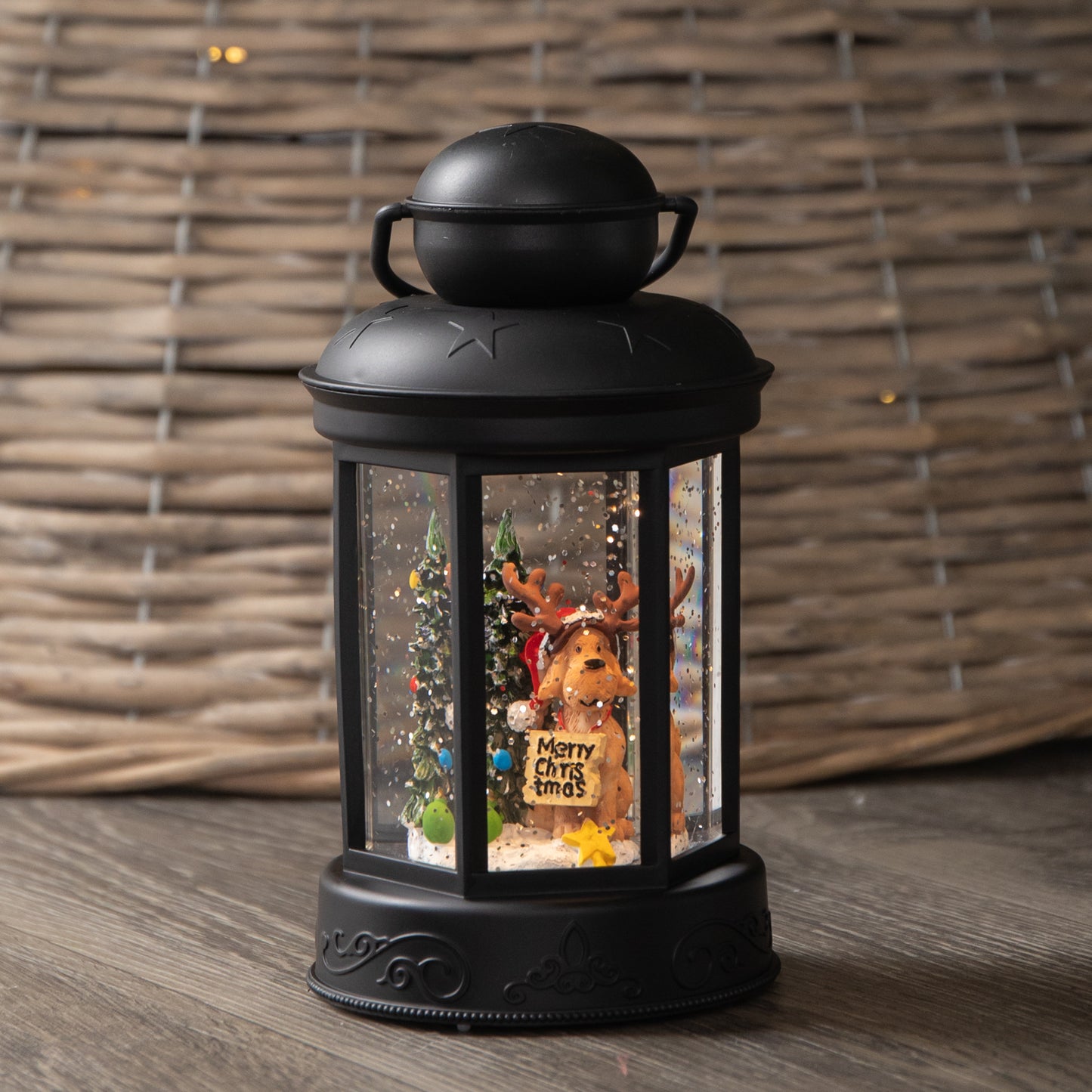 18cm Battery Operated LED Christmas Glitter Water Spinner Black Lantern Dog & Tree Scene
