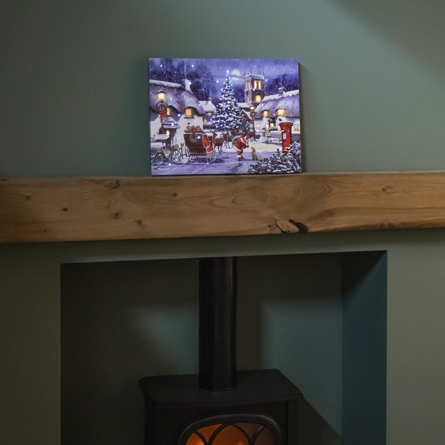 40 x 30cm Battery Operated Light up Fibre Optic Santa and Village Christmas Wall Canvas