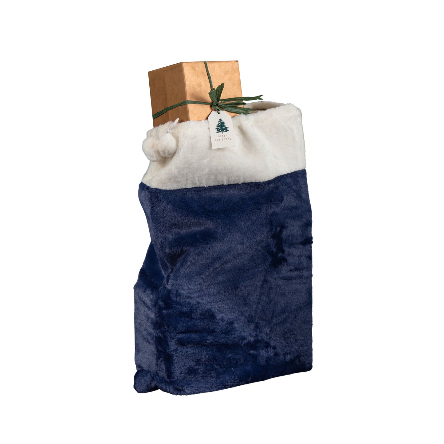 80 x 55cm Blue Soft Plush Christmas Sack with White Faux Fur Trim and Pom Poms