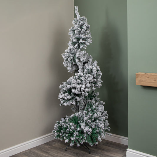 7ft (2.1m) Snowflocked Spiral Christmas Tree with Green Metal Stand