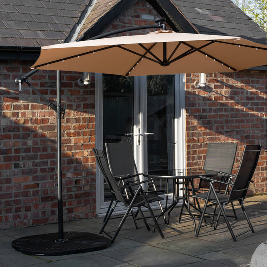 Outdoor 4 Person Round Glass Top Garden Dining Table Chairs With Beige Banana Lit Parasol and Base Set