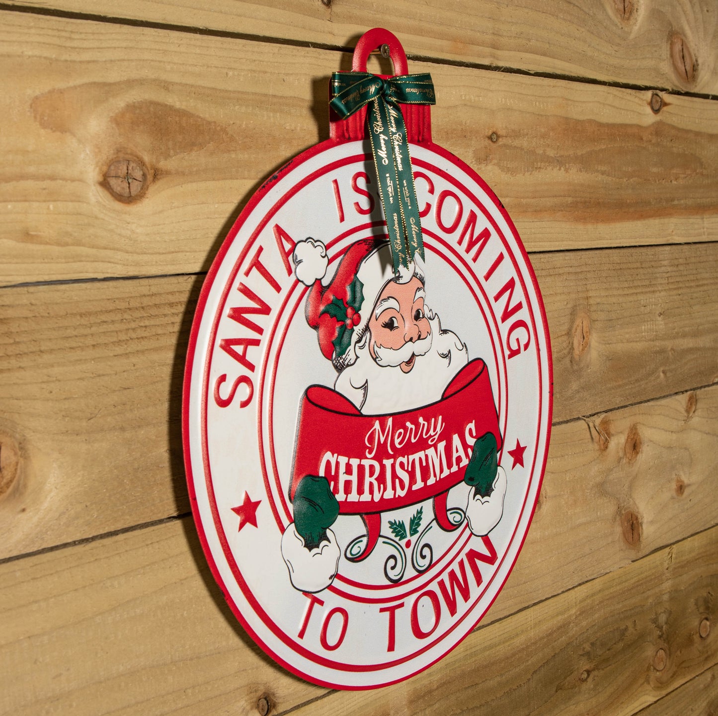 47cm Round Metal Santa is Coming to Town Sign - Red & White