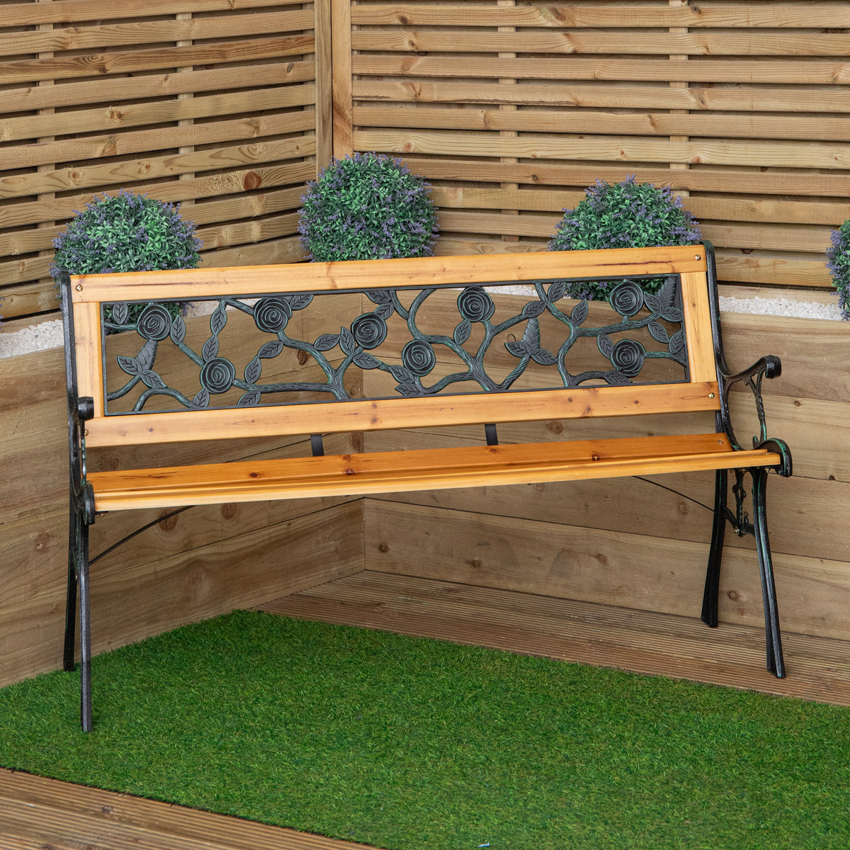 2 Seater Outdoor Wooden & Cast Iron Garden Bench with Rose Design