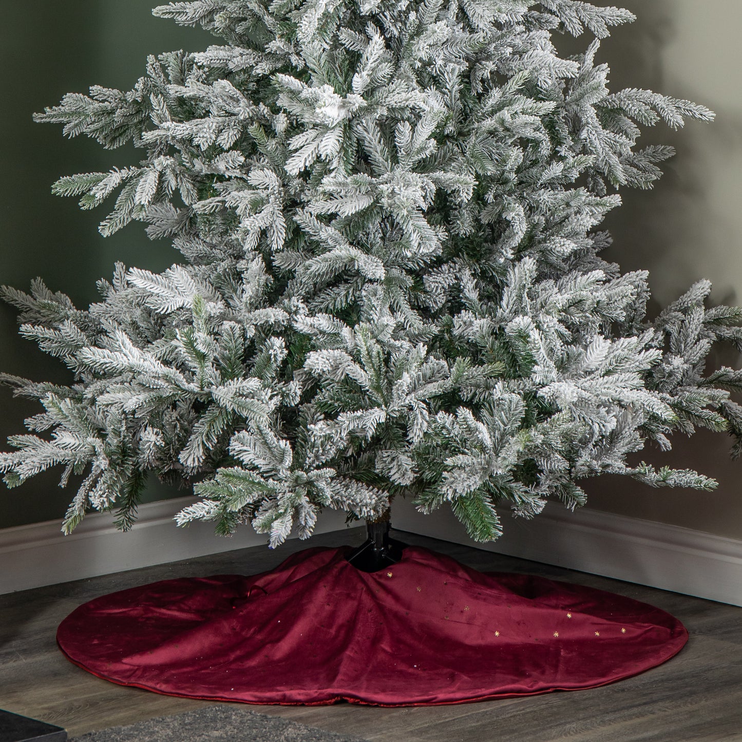 1.2m Soft Burgundy Velour Christmas Tree Skirt with Gold Star Print