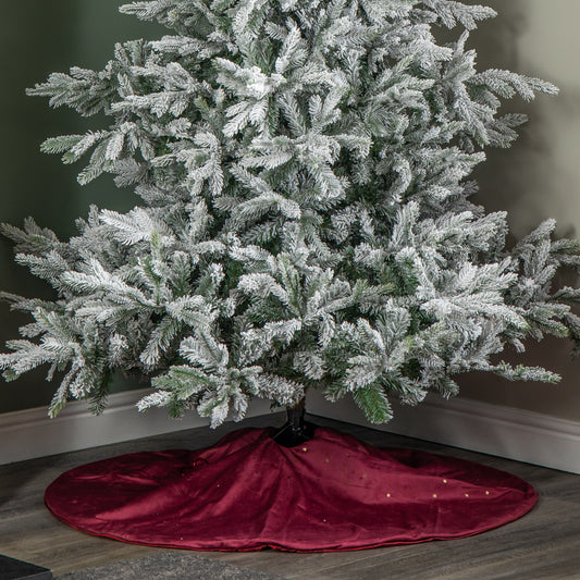 1.2m Soft Burgundy Velour Christmas Tree Skirt with Gold Star Print
