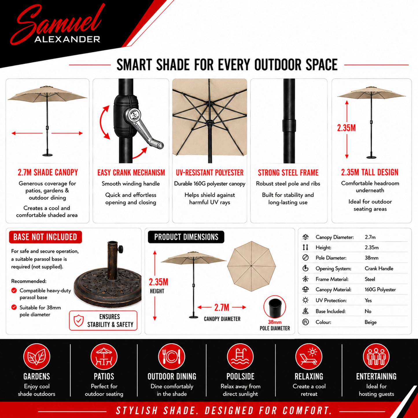 Samuel Alexander 2.7m Havana Garden Patio Parasol with Crank Handle in Beige