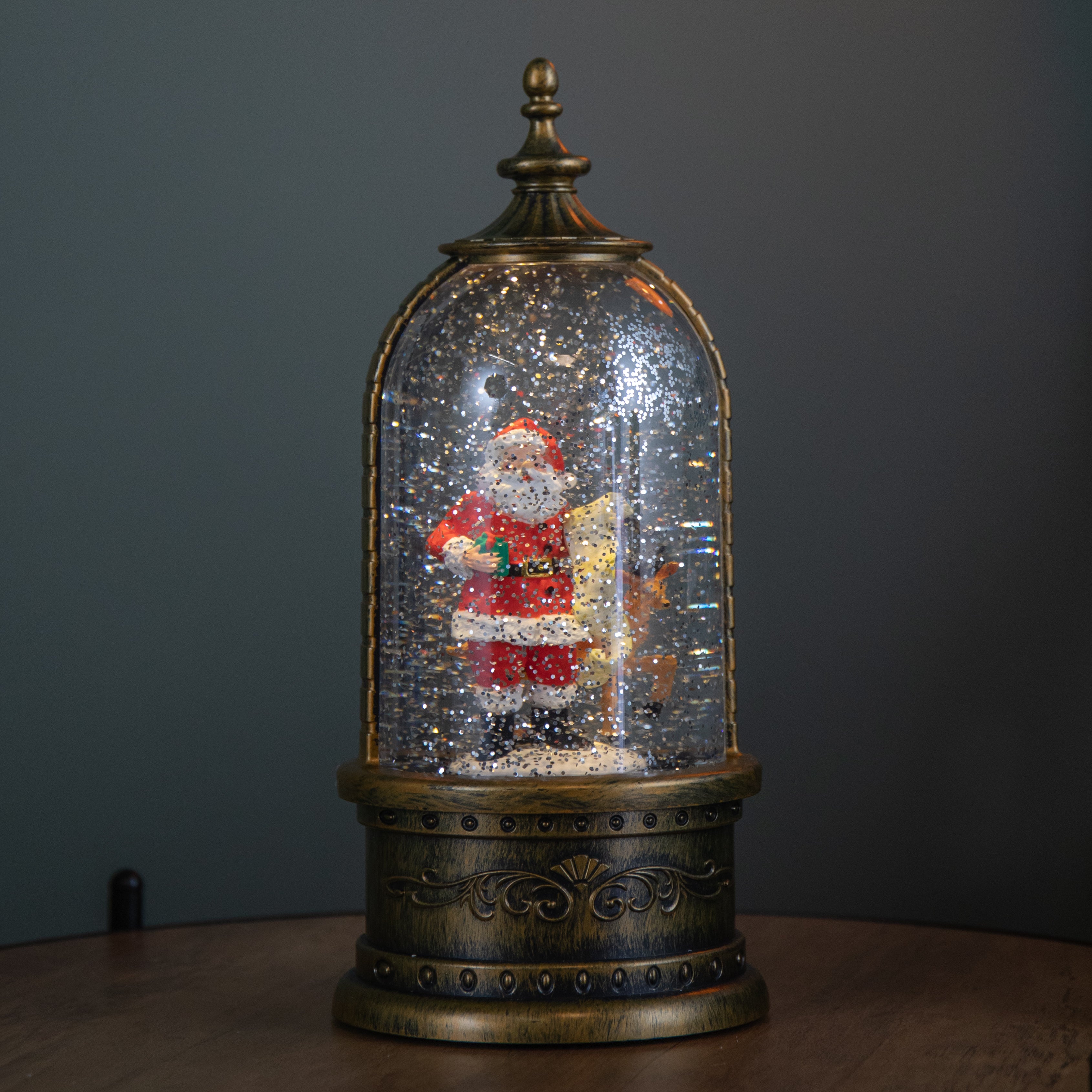 29cm Battery Operated Light up LED Christmas Cloche Water Spinner with Santa & Deer Scene