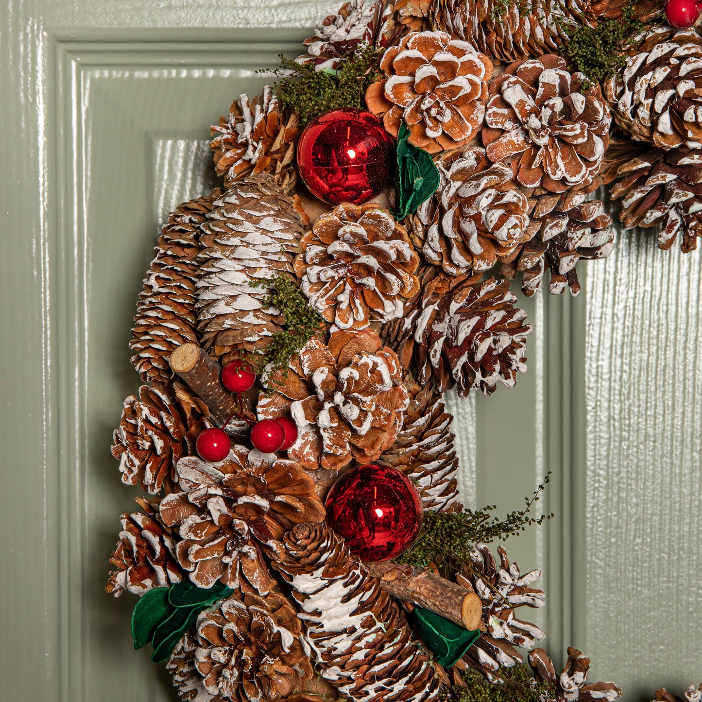 50cm Hanging Christmas YuleFest Wreath with Red Baubles & Snow Tipped Pine Cones