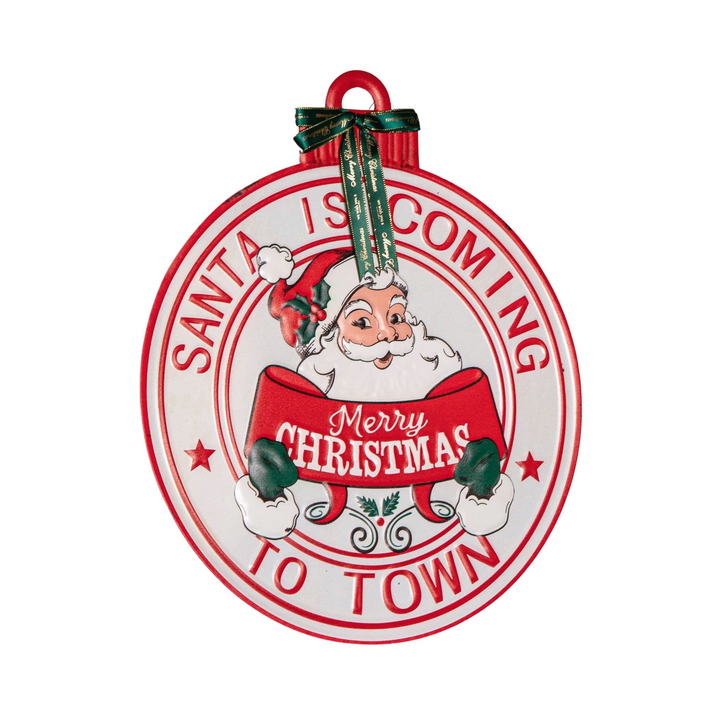47cm Round Metal Santa is Coming to Town Sign - Red & White