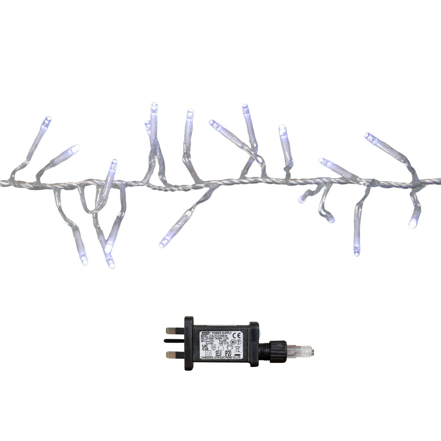 9.3m 720 LED Christmas Cluster String Lights with Timer in White on Clear Cable