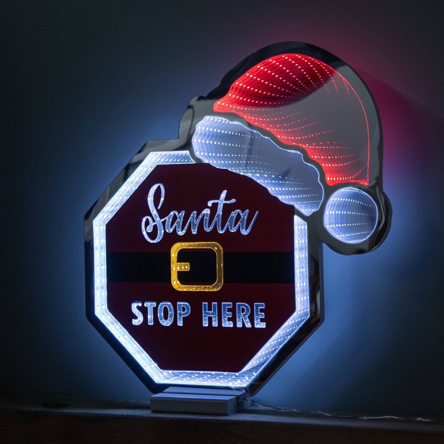 40cm Light up Christmas Santa Stop Here Sign with Hat Infinity Decoration & LEDs