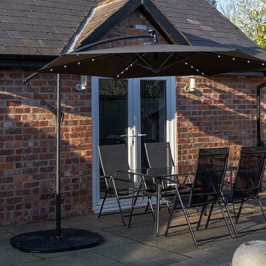 Outdoor 4 Person Rectangular Glass Top Garden Dining Table Chairs With Black Banana Lit Parasol and Base Set