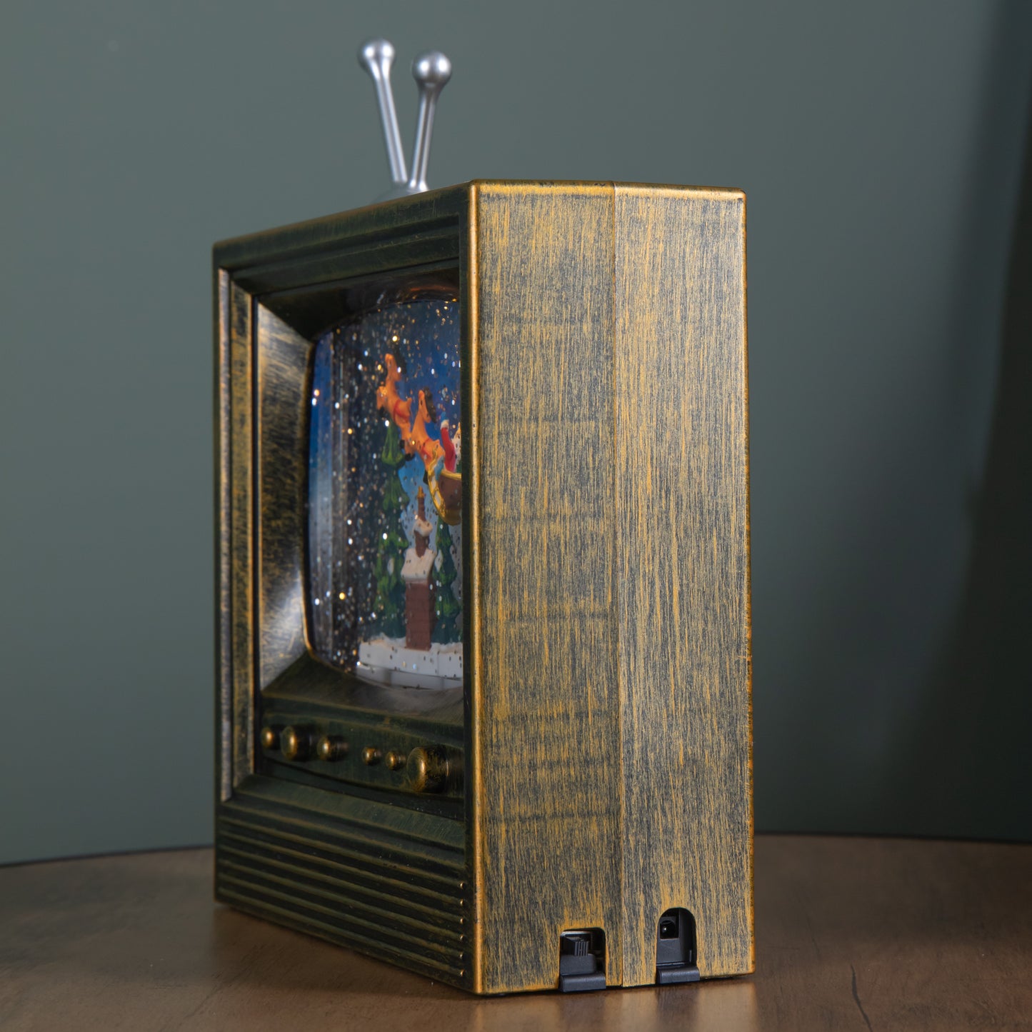 22cm Battery Operated Light up Antique Gold TV Christmas Water Spinner with Santa Scene & LEDs