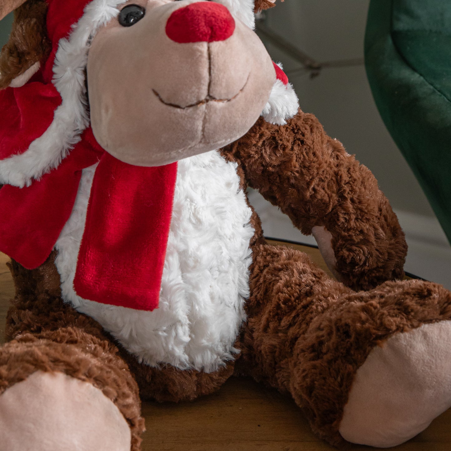 30cm Sitting Plush Christmas Reindeer with Red Hat & Scarf