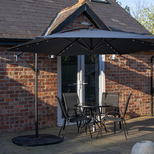 Outdoor 4 Person Round Glass Top Garden Dining Table Chairs With Blue Banana Lit Parasol and Base