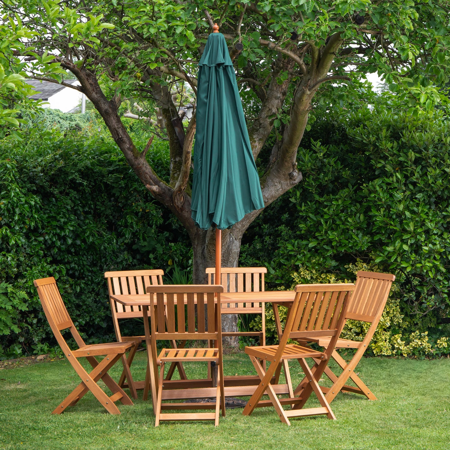 Outdoor 6 Person Folding Rectangular Wooden Garden Dining Table Chairs Parasol and Base set