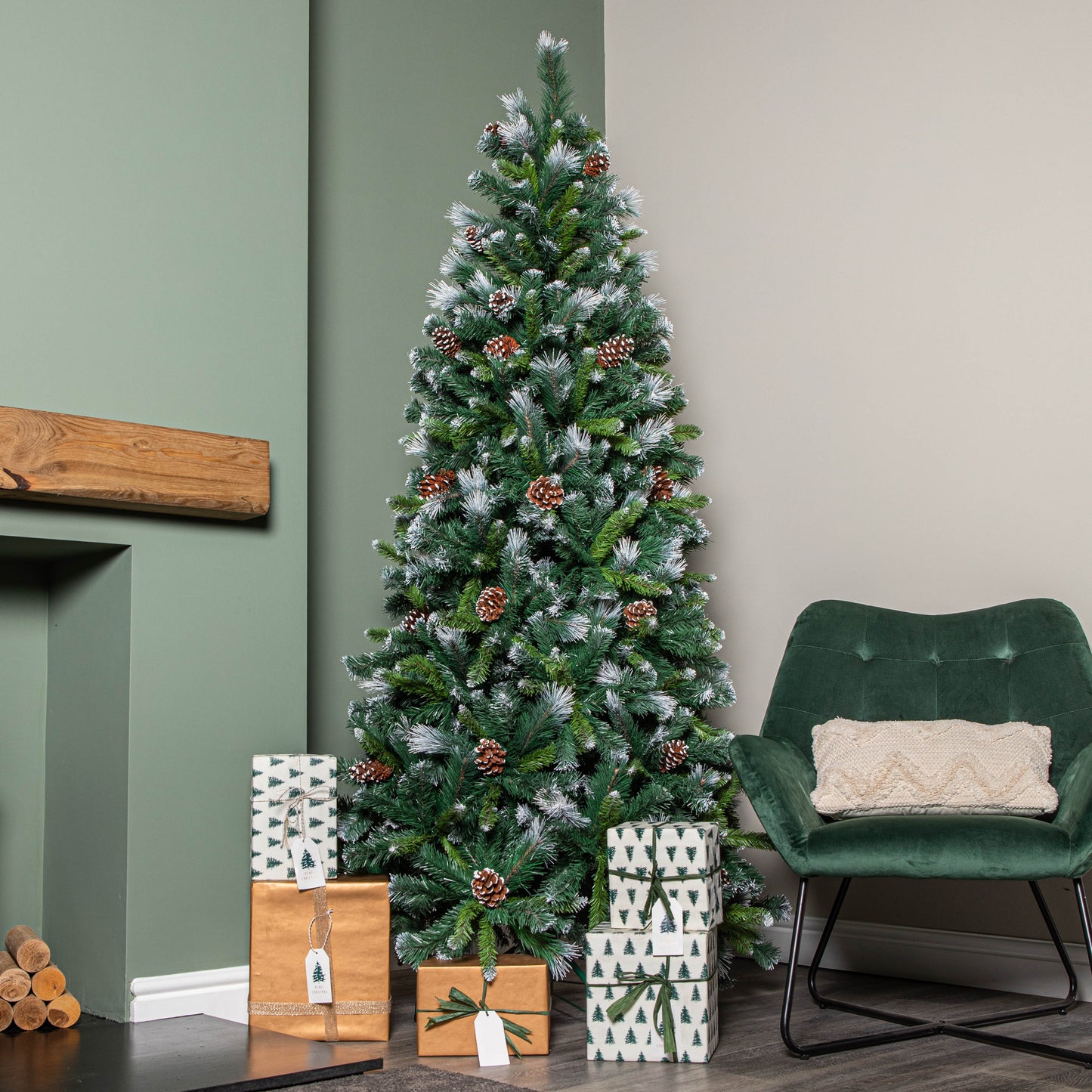 7ft (2.1m) Frosted Glacier Pine Snow Tipped Christmas Tree with Pinecones and 956 Tips