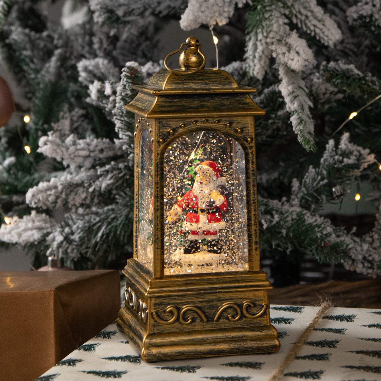 21cm Dual Powered Light up Rustic Gold Christmas Water Spinner Decoration with Santa Scene