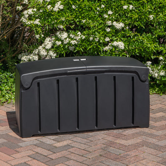 1.15m x 61cm Large Black Garden Storage Box with 300 Litre Capacity with Padlockable Lid