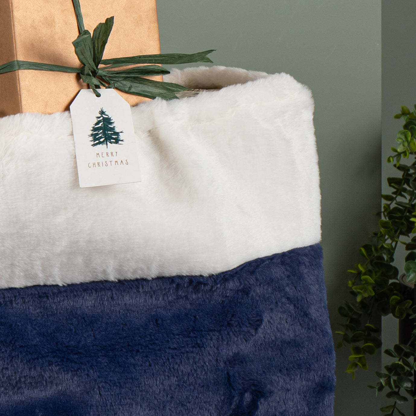 80 x 55cm Blue Soft Plush Christmas Sack with White Faux Fur Trim and Pom Poms