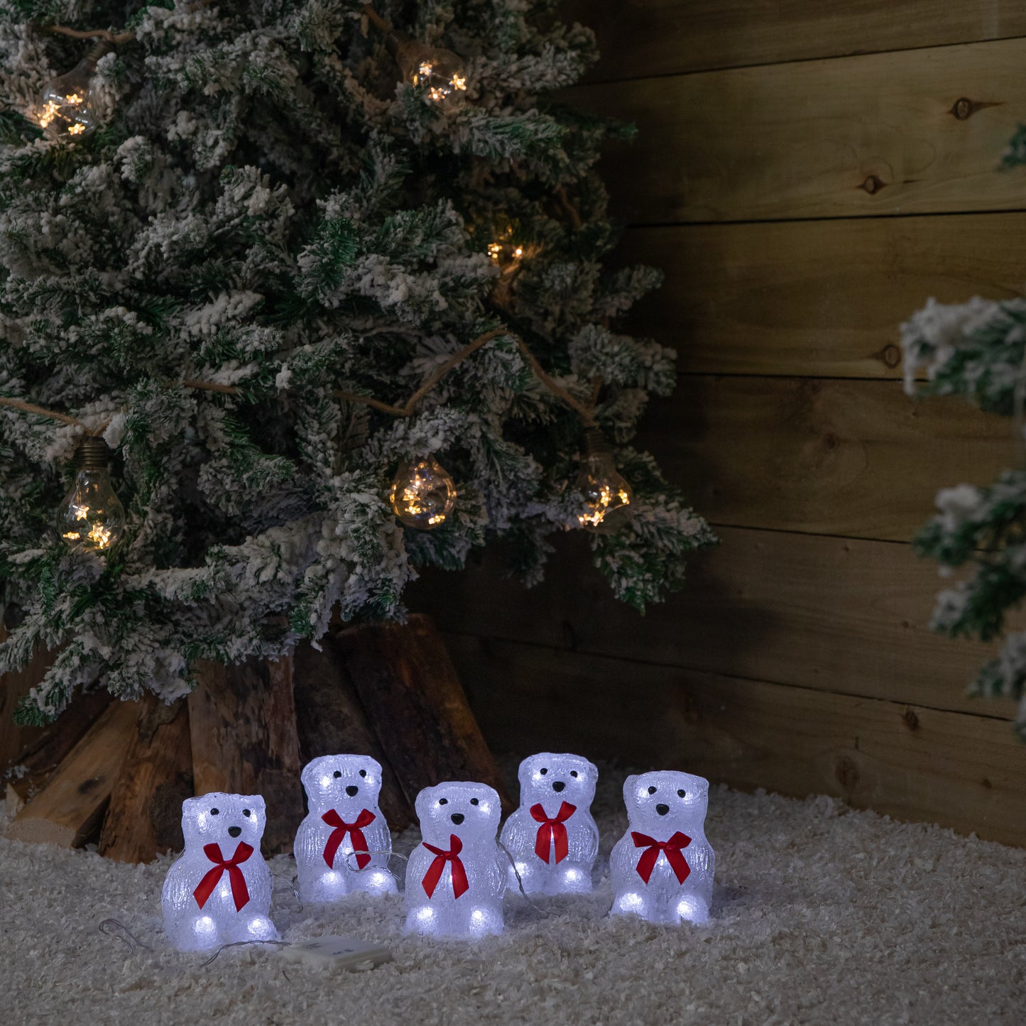 12cm Set of 5 Battery Operated Light up Christmas Polar Bears Ornaments with 40 Cool White LEDs