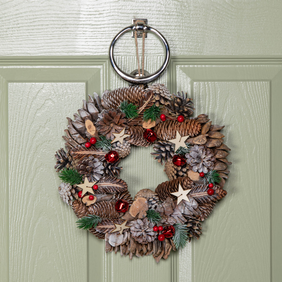 30cm Hanging Christmas Wreath with Red Jingle Bells, Berries and Frosted Stars