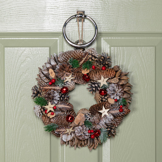 30cm Hanging Christmas Wreath with Red Jingle Bells, Berries and Frosted Stars