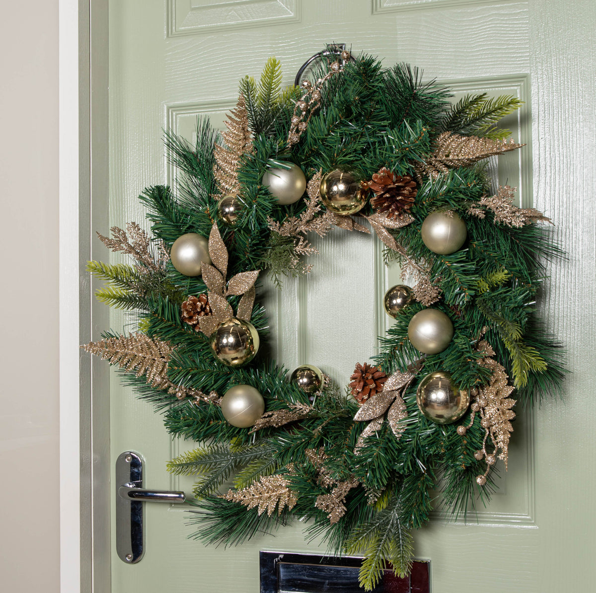 60cm Hanging Christmas Wreath with Gold Baubles, Pinecones & Glitter Berries
