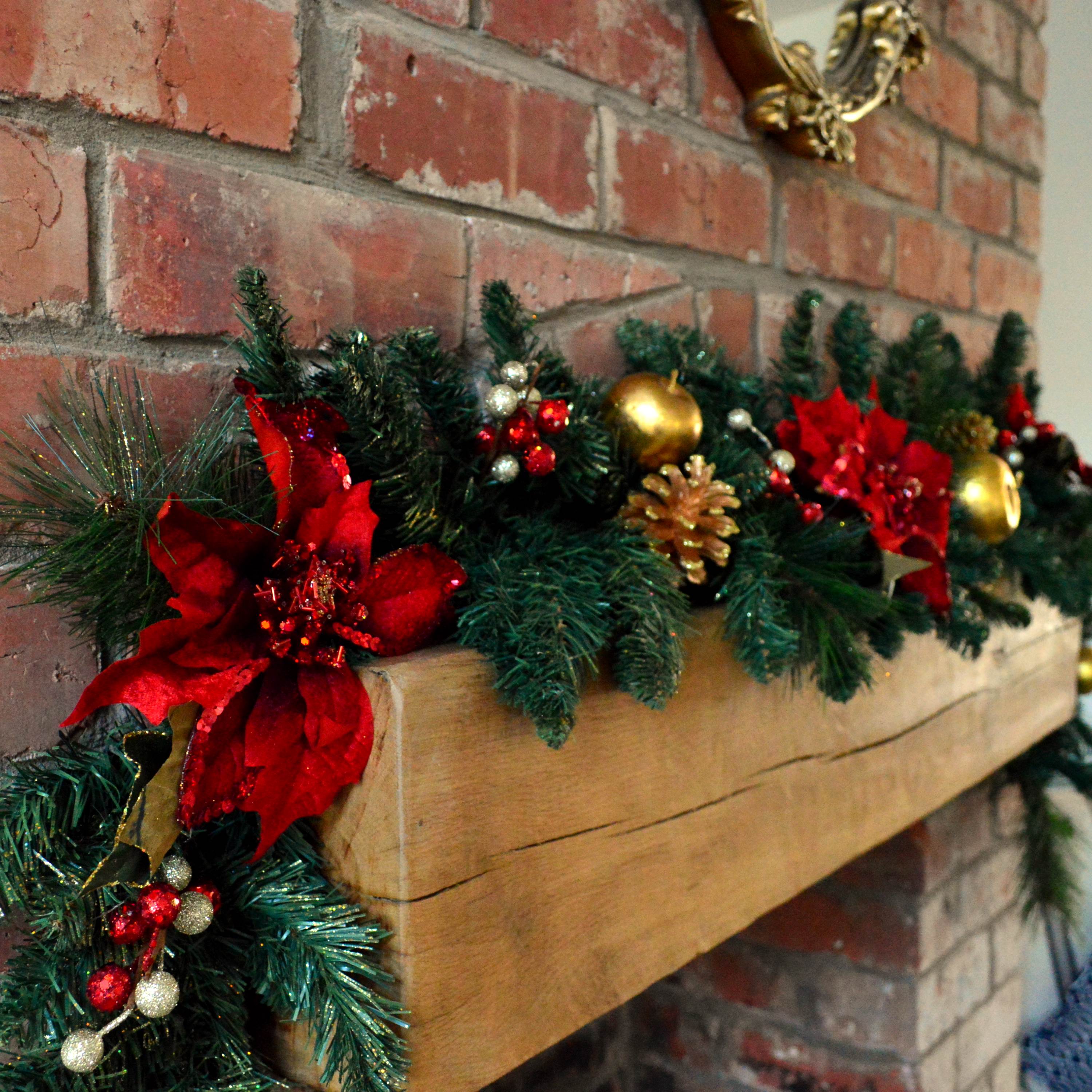 180cm (6ft) Deluxe Red and Gold Poinsettia Christmas Garland Decoration