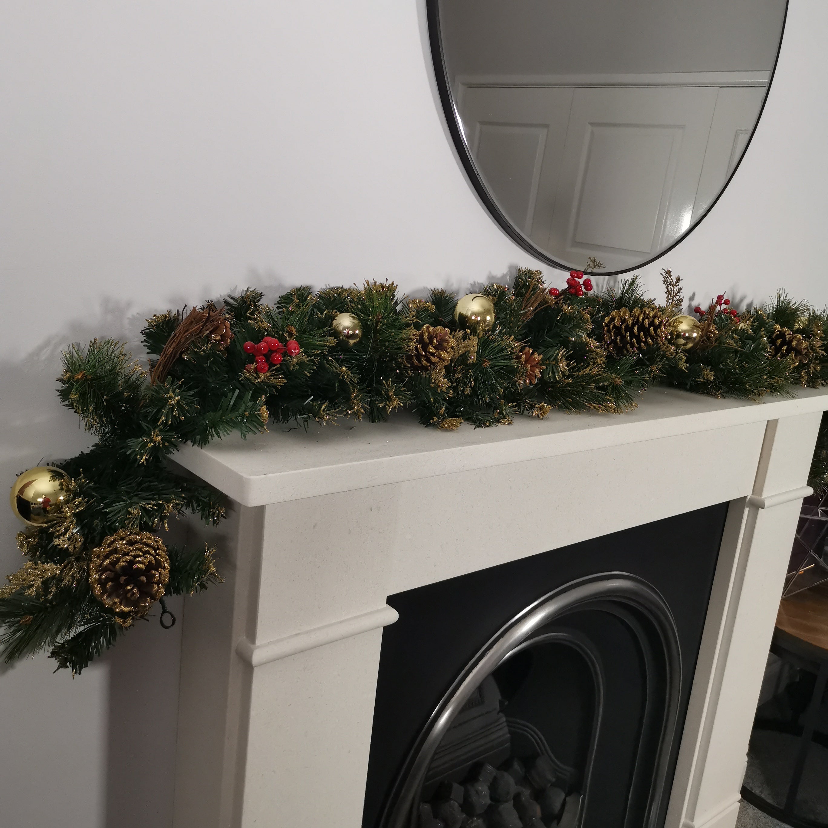 180cm (6ft) Premier Gold Dressed Christmas Garland With Berries Pinescones And Gold Baubles