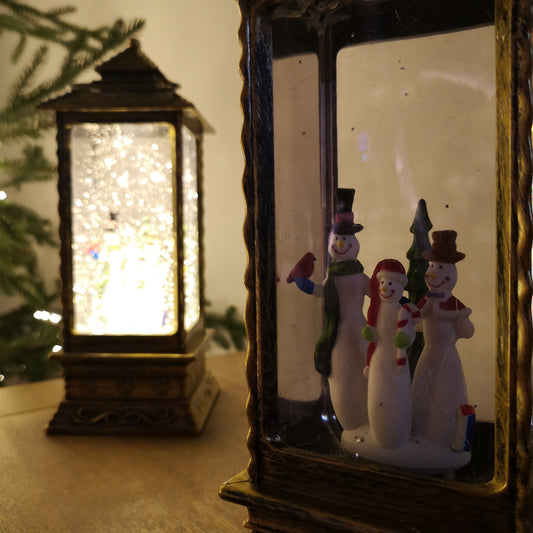 27cm Premier Glitter Water Spinner LED Lantern Christmas Decoration with Snowman Scene 2736