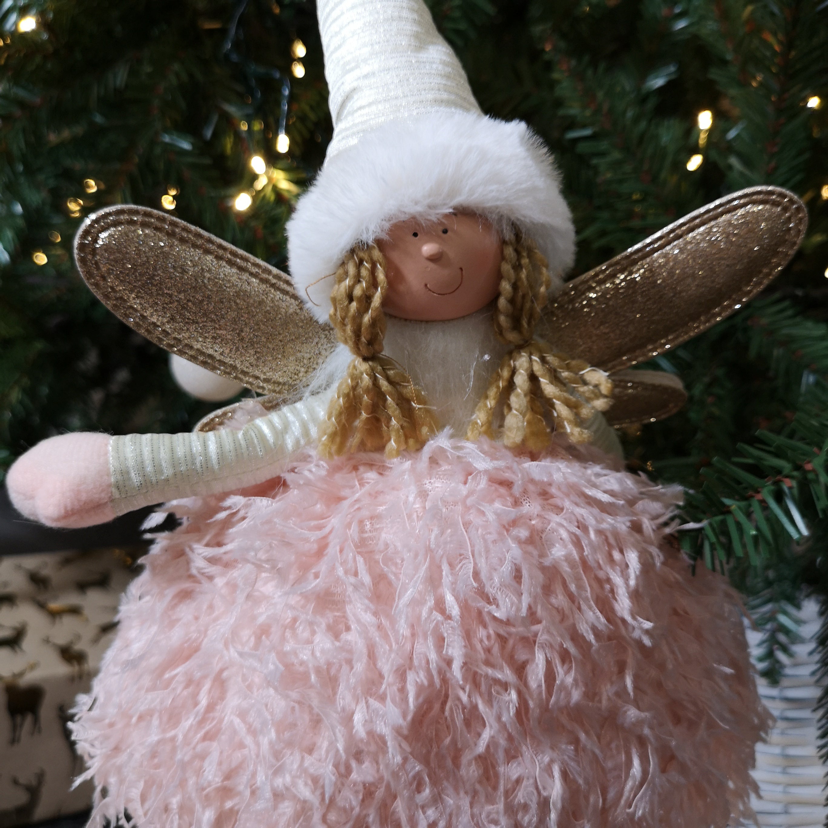 45cm Premier Christmas Standing Angel Decoration with Feather Skirt in Pink & Gold