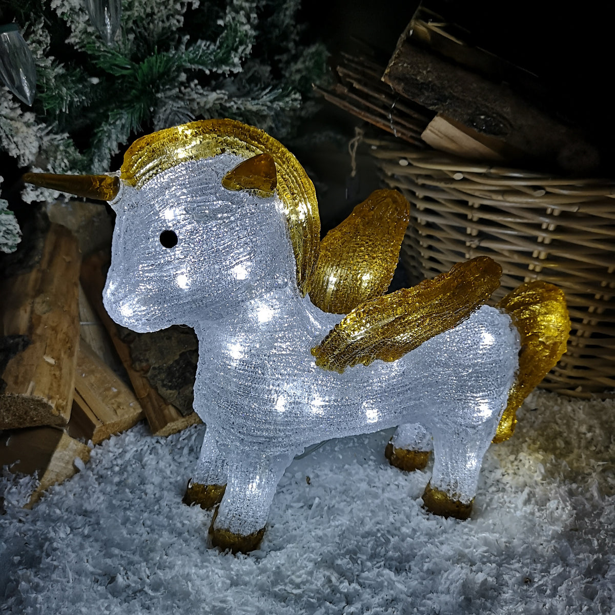 38cm Christmas Cool White LED Standing Acrylic Unicorn with Gold Wings and Horn
