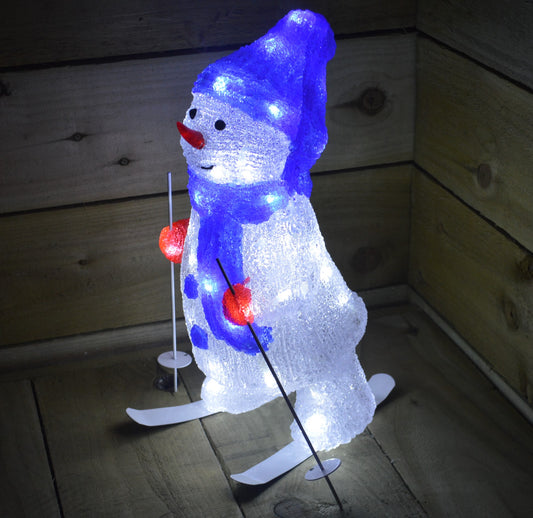 40cm Skiing Snowman Christmas Decoration with 48 Ice White LEDs with a 10m Cable 1943