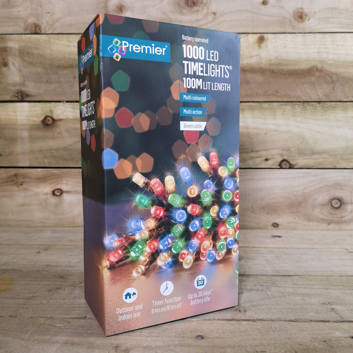 1000 LED 100m Premier Christmas Indoor Outdoor Multi Function Battery Operated String Lights with Timer in Multicoloured