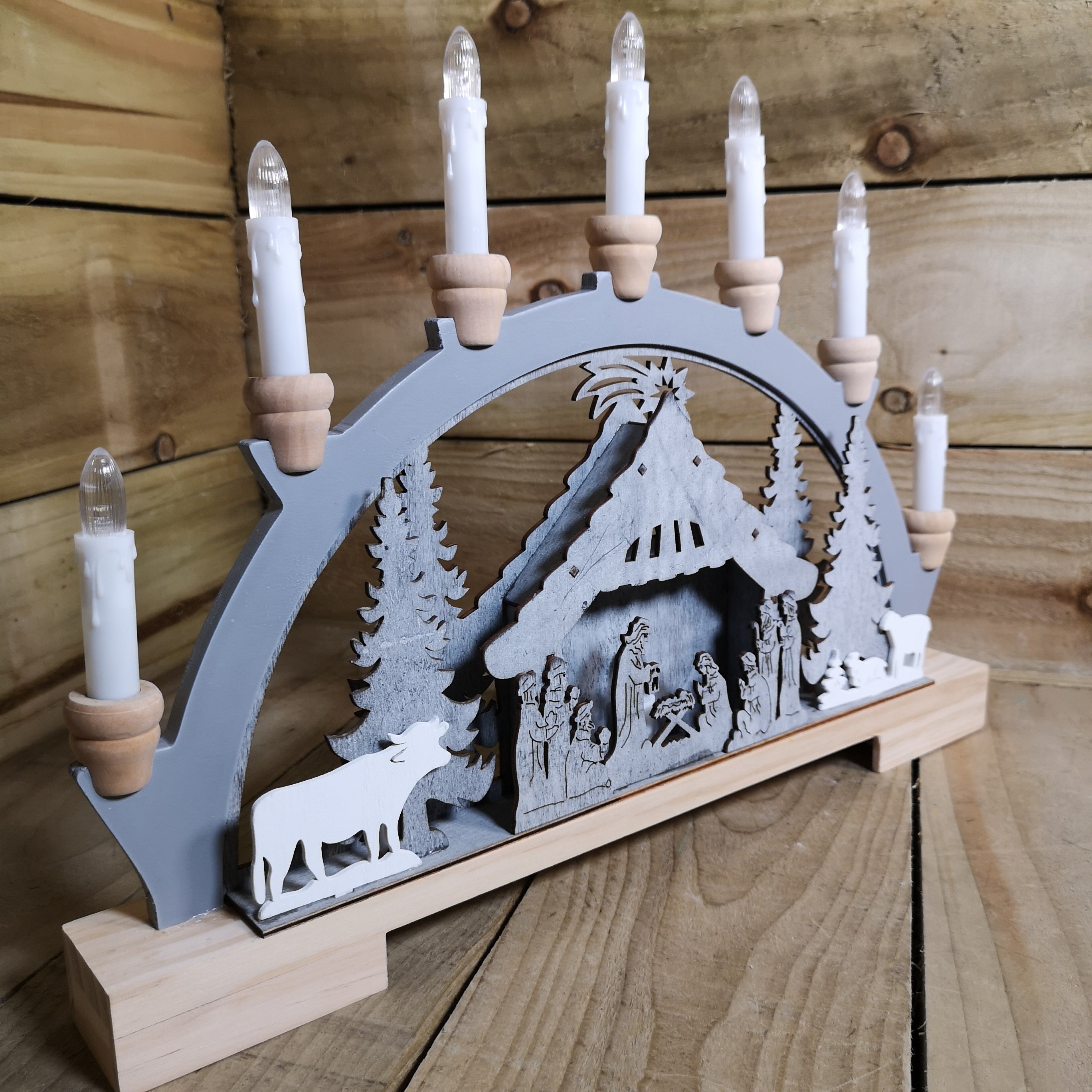 45cm Battery Operated Christmas Lit Wooden Nativity Silhouette  Candle Bridge