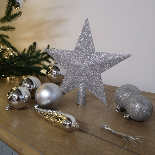 33pcs Assorted Shatterproof Baubles Christmas Decoration with Tree Topper Star in Silver 2736