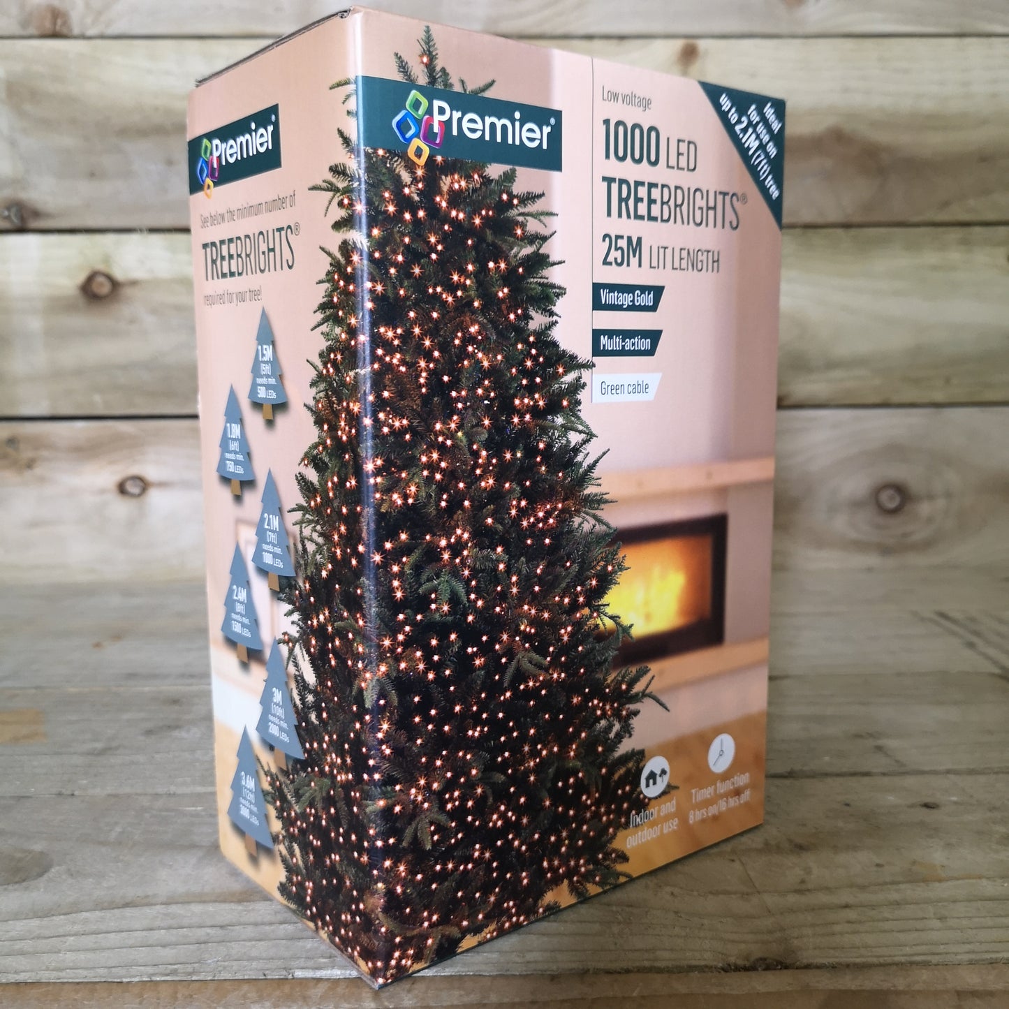 1000 LED 25m Premier TreeBrights Indoor Outdoor Christmas Multi Function Mains Operated String Lights with Timer in Vintage Gold