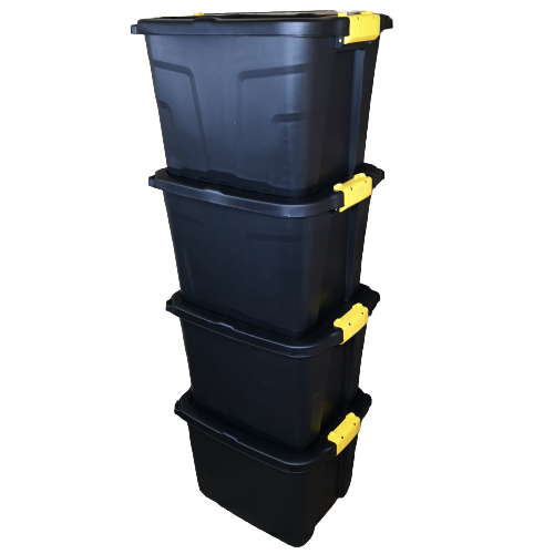 4 x 42L Heavy Duty Storage Tubs Sturdy, Lockable, Stackable and Nestable Design Storage Chests with Clips in Black
