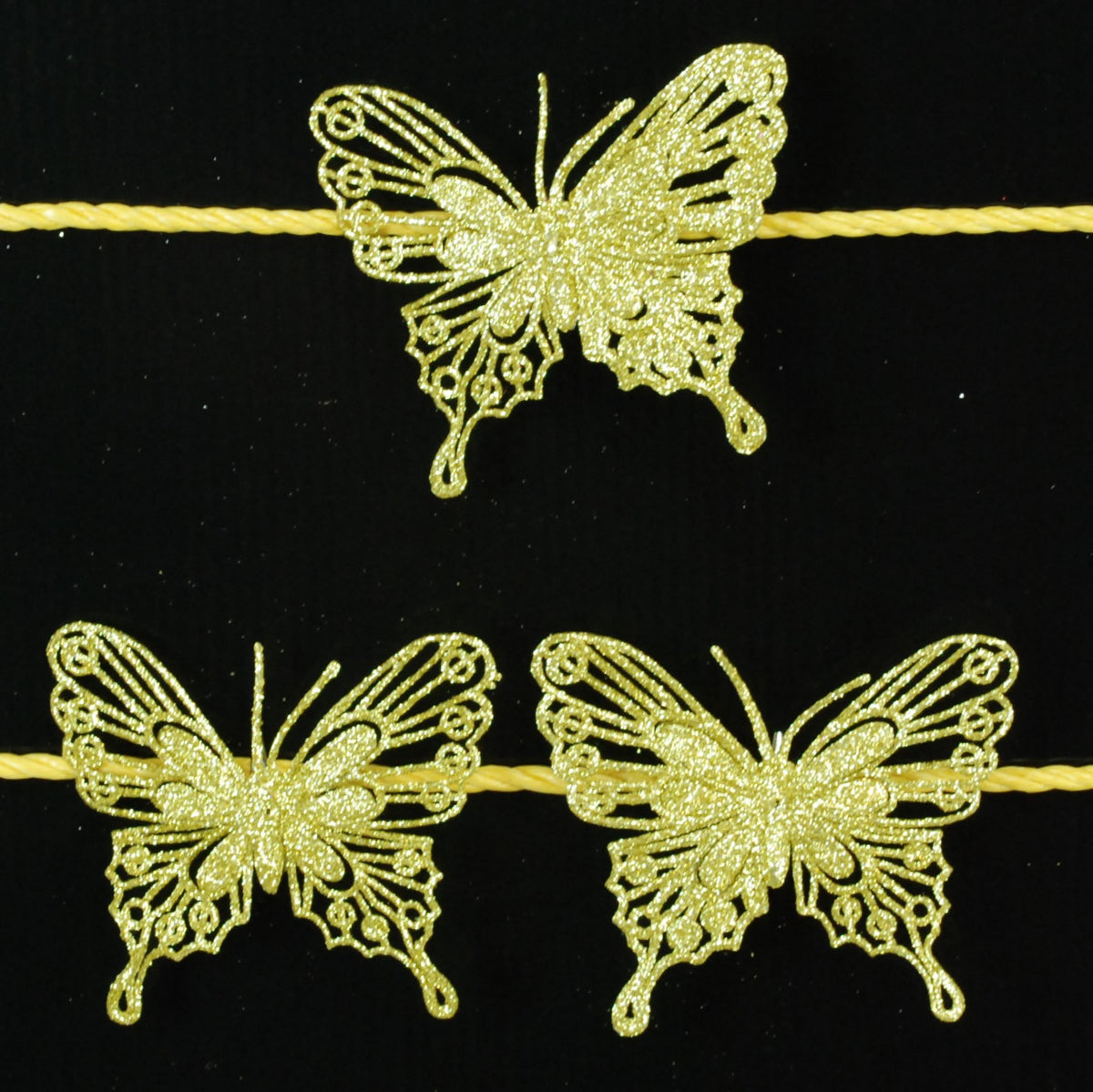 Set of 3, 10cm Wide Christmas Decoration Glitter Butterflies/ Butterfly Clips - Gold