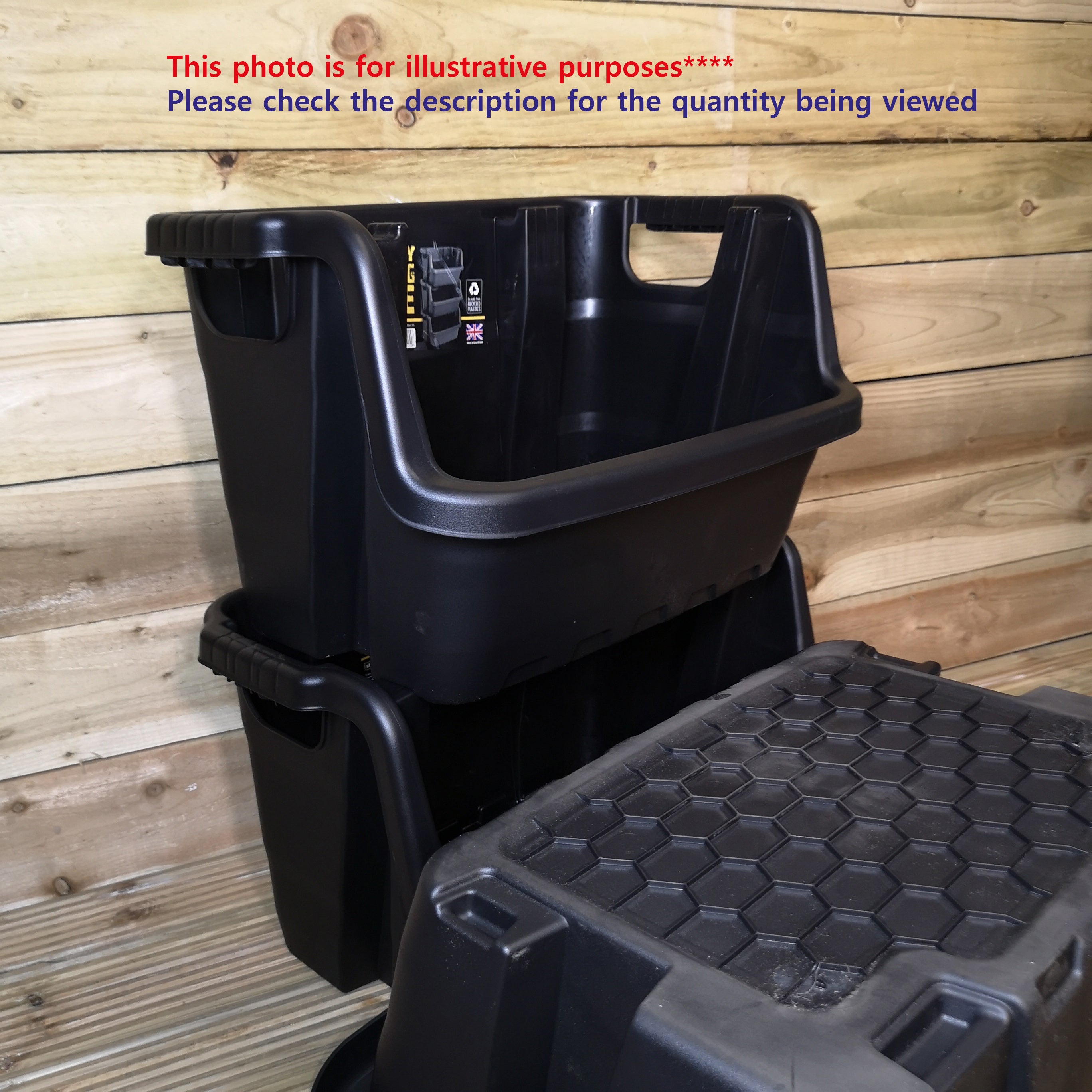 Pack of 3 / 59 x 41 x 36cm Heavy Duty Plastic Stackable Crates / Pick Bins with Handles