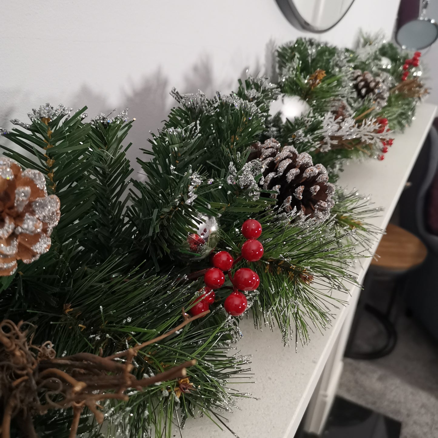 Premier 180cm (6ft) Festive Silver Dressed Christmas Garland With Berries Pinecones And Silver Baubles