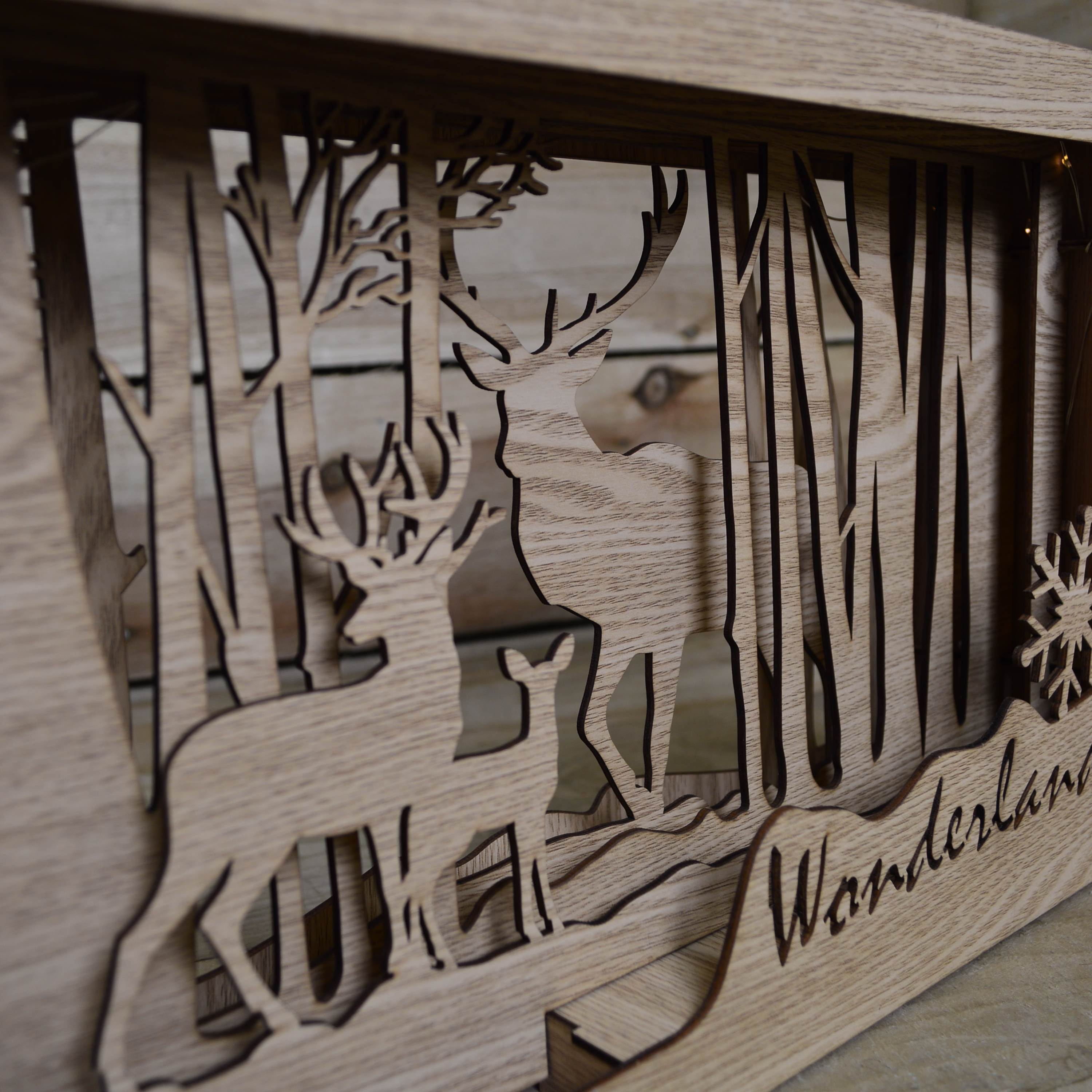 37cm Wooden Christmas Wonderland Reindeer Scene Lit with 40 Warm White LED's