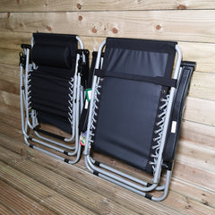 Pair of Multi Position Garden Gravity Relaxer Chair / Sun Loungers with glass drinks table