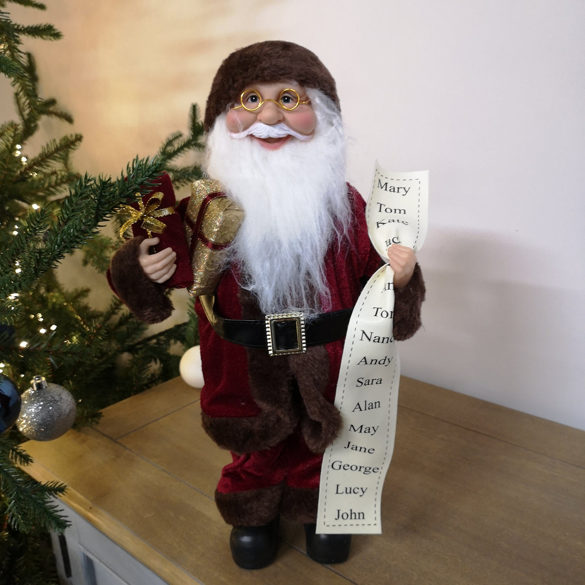 40cm Standing Father Christmas Decoration Santa Claus with Gifts & Names in Burgundy