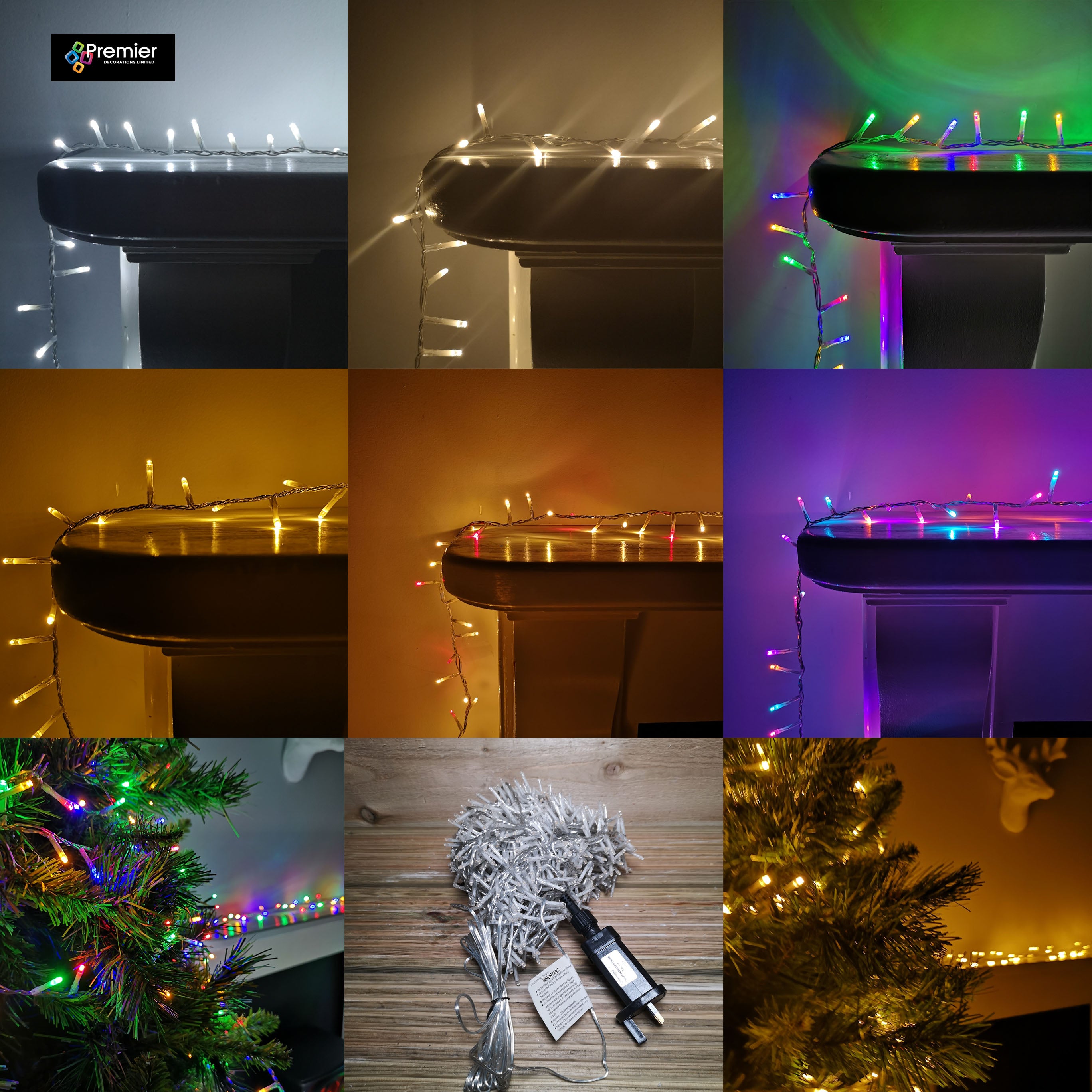Premier TreeBrights Indoor Outdoor Christmas Multi Function Mains Operated String Lights with Timer and Clear Cable - Choice of Colour