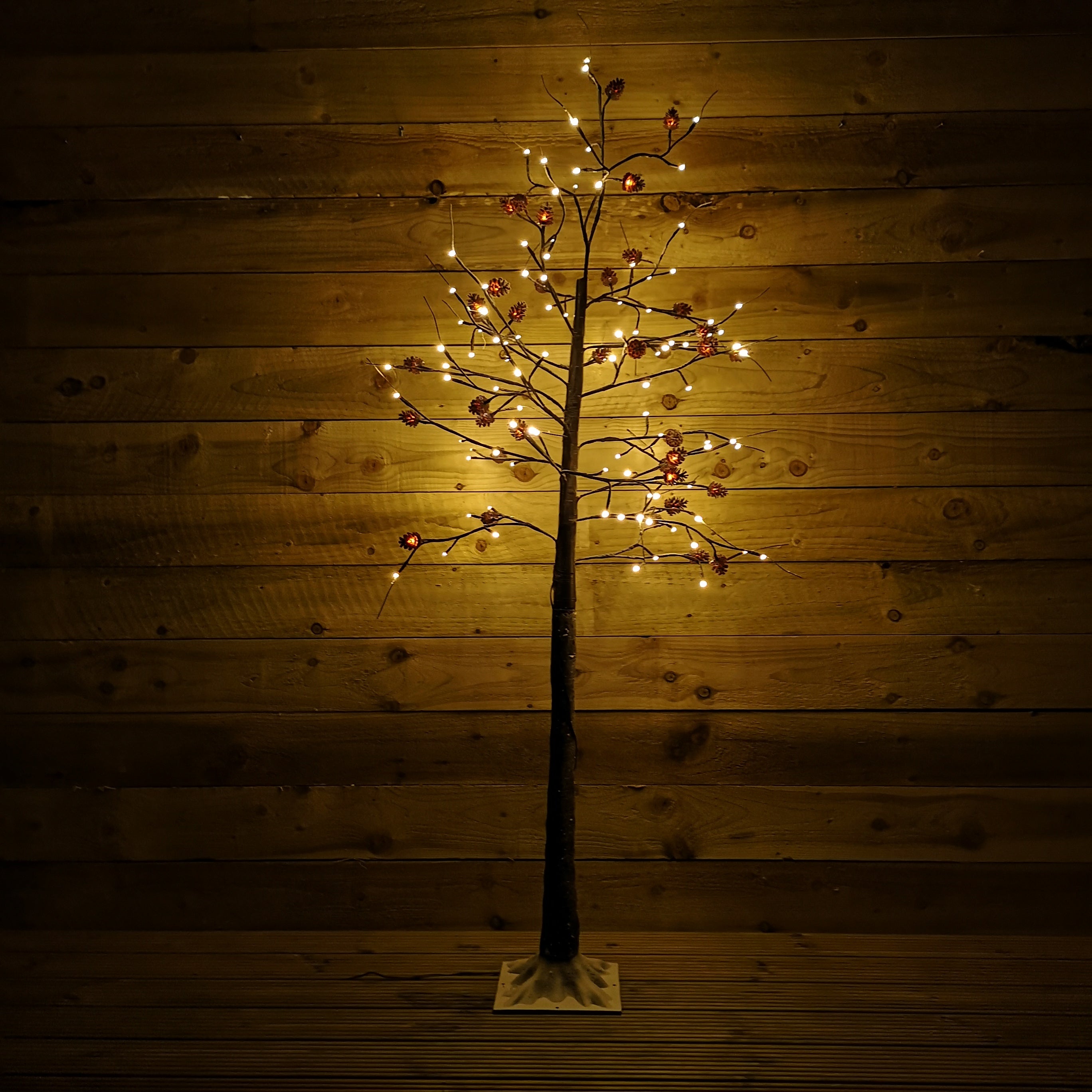 6ft Snowy Brown Twig Outdoor Christmas Tree with Pine Cones & 144 Warm White LEDs
