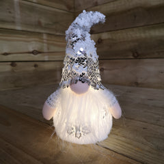 27cm Tall Light Up Christmas Gnome Gonk Decoration Silver Sequins and Snowflakes